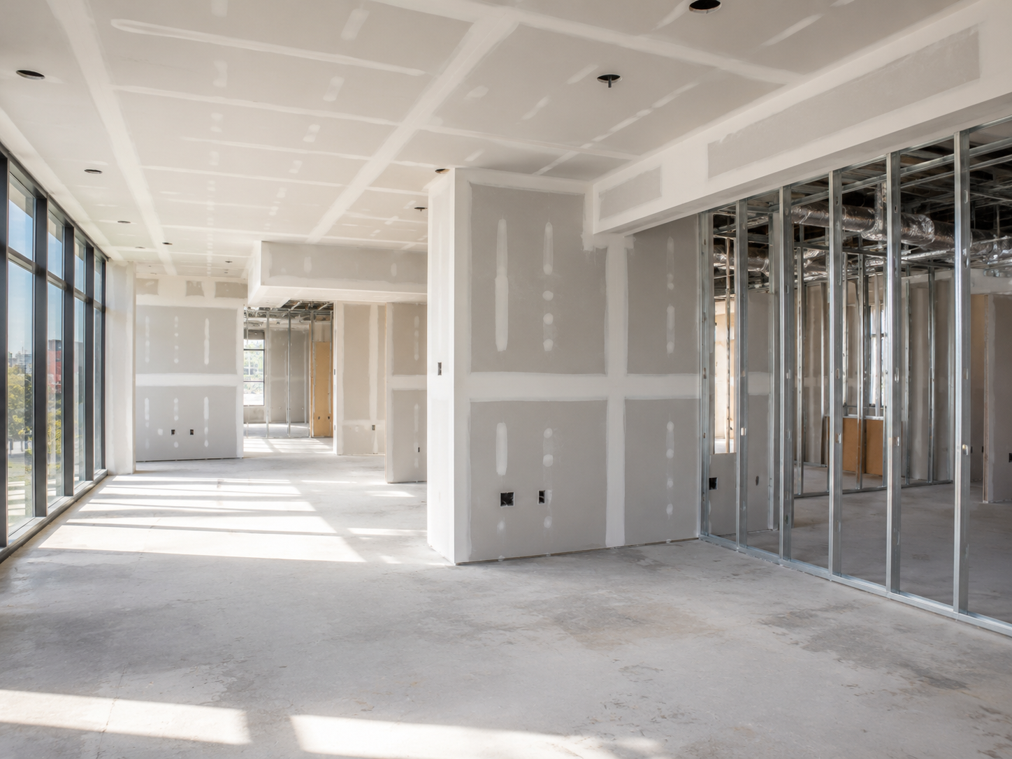 Taped and finished drywall joints on commercial framing in Denver