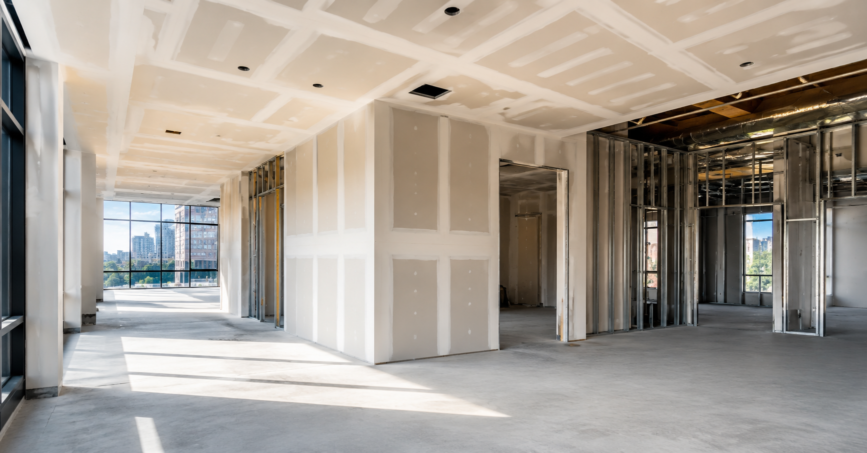 Commercial drywall installation with taped ceiling and wall panels in Denver